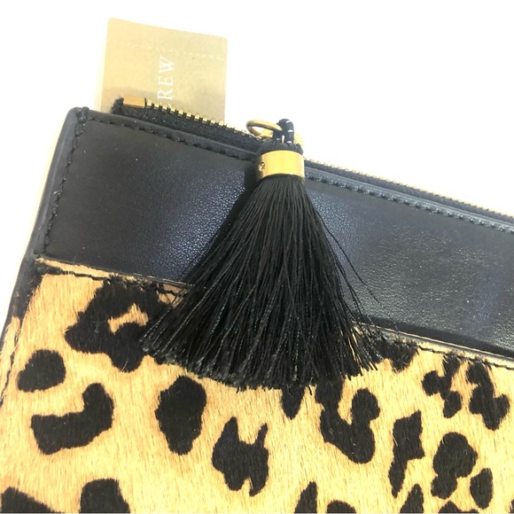 J CREW Leopard Print Animal Hair & Black Leather Tassel Zippered Clutch Purse - Picture 2 of 8